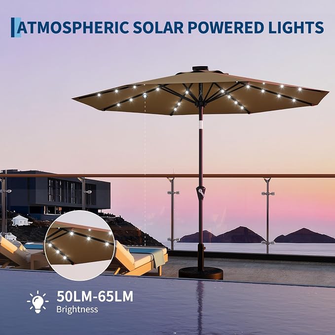 Garvee 9FT Solar Patio Umbrella Outdoor Umbrella with 32 LED Lights | Crank Lift, Push Button Tilt & 8 Sturdy Ribs, UV Resistant Waterproof Market Umbrella for Pool, Yard, Garden(Tan)