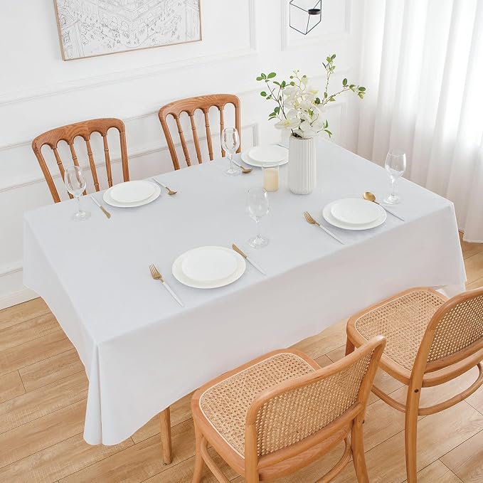 NLMUVW Vinyl Tablecloth with Flannel Backing 100% Waterproof Rectangle PVC Table Cloth Oil Proof Wipe Clean Table Cover for Dining Party Camping Outdoor, White, 60 X 102 Inch