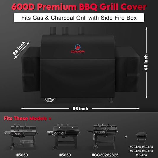 Comnova Grill Cover for Char Griller Dual Fuel - 600D Offset Smoker Cover for Chargriller, Gas and Charcoal Grill Cover Fits Models 5050, 5650, CG30281224, CG30282825, CG30282925 with Side Fire Box