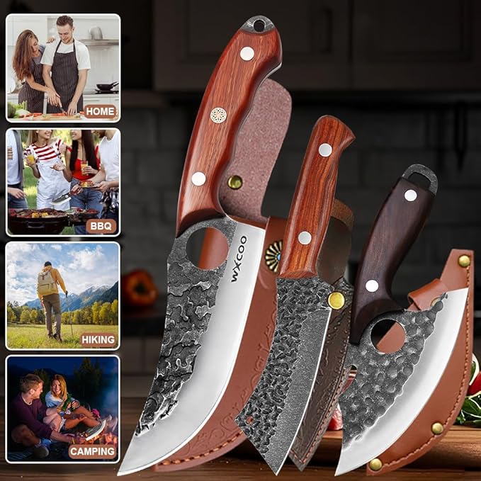 Hand Forged 3-Piece Knife Set High Carbon SteelKitchen Knives Meat Boning Cleaver Cheese Knife Professional Butcher Hunting Fish Fruit Viking Knife with Sheath for Hiking, Camping, Fishing, BBQ