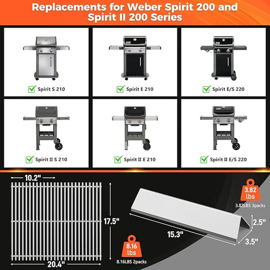 7635 7637 Grill Parts for Weber Spirit E210, E220, S210, S215, Spirit 200 & GS4 Spirit II E210, Spirit II E220 Series with Front Control, SUS304 Stainless 15.3" Flavorizer Bars & 17.5" Grates