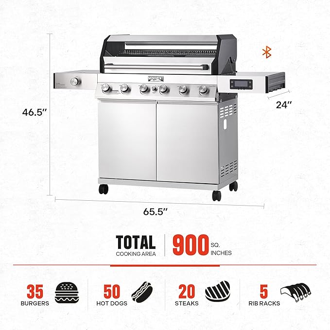 Monument Grills Denali Series, 6-Burner Convertible Natural Gas Smart bbq Grill Stainless Steel Denali 605 with BBQ Cover (Without Conversion Kit)