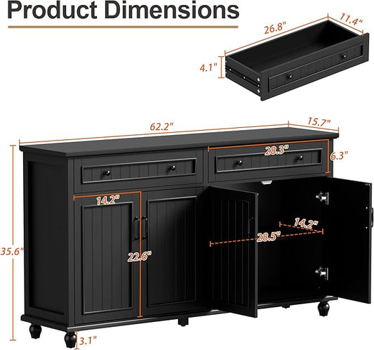 Scurrty Sideboard Buffet Cabinet, 62'' Large Storage Cabinet with Drawers and 4 Doors, Vintage Coffee Bar Cabinets with Adjustable Shelf for Kitchen, Living Room, Black