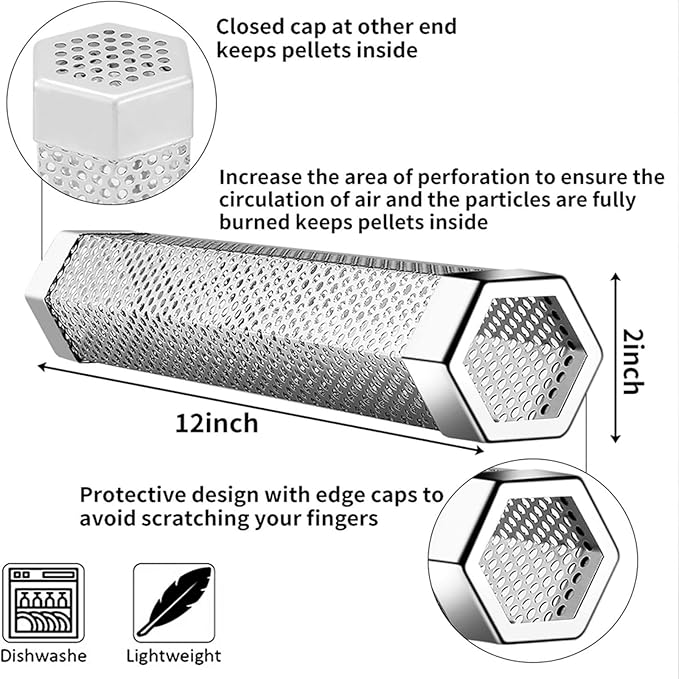 Hexagon Pellet Smoker Tube,12 inch Stainless Steel BBQ Wood Pellet Tube Smoker for Cold/Hot Smoking,5 Hours of Billowing Smoke-for Any Grill or Smoker