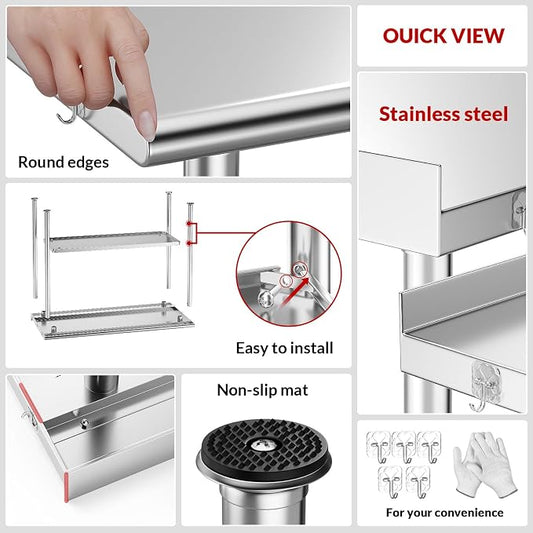Atelicf NSF Stainless Steel Prep Table 24X36 inch, Rounded Flat Top | Commercial-grade table for restaurants, kitchens, food trucks, breweries, bars, garages, and outdoor BBQ