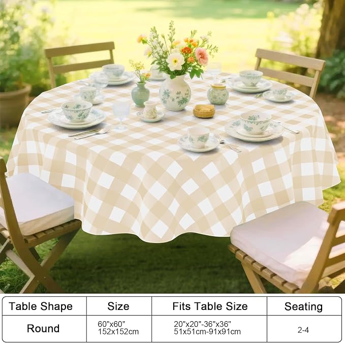 Smiry Picnic Table Cloth, Vinyl Tablecloths with Flannel Backing, 60" Round | Waterproof Picnic Table Cloth, Wipeable Buffalo Plaid Table Cover for Indoor and Outdoor (White & Beige)