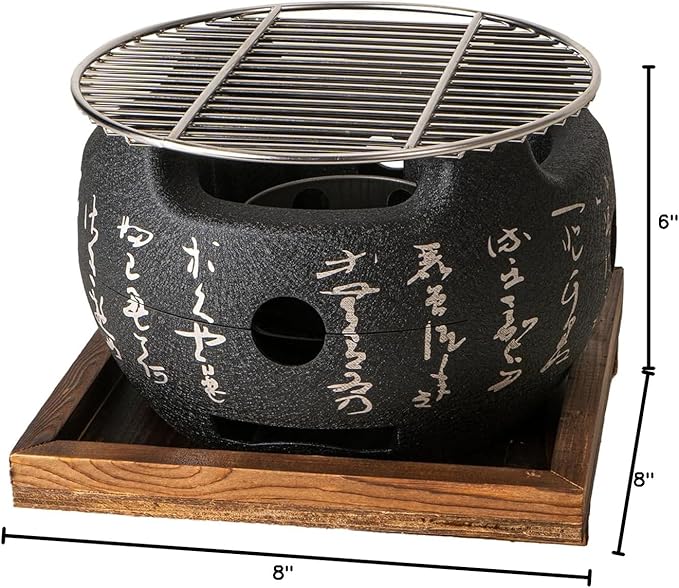 Aluminum Japanese Tabletop Shichirin Konro Charcoal Grill With Wire Mesh Grill and Wooden Base Hibachi Style Yakiniku Grill (8 Inch Round)