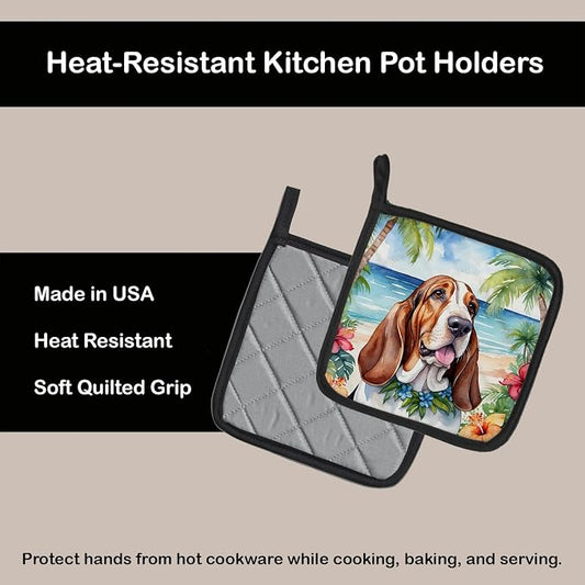 Caroline's Treasures Basset Hound Luau Pair of Pot Holders Kitchen Heat Resistant Pot Holders Sets Oven Hot Pads for Cooking Baking BBQ, 7 1/2 x 7 1/2