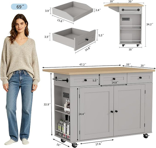 IDEALHOUSE Rolling Kitchen Island with Drop Leaf Countertop, Charging Station & Ample Storage - 47.2" Mobile Kitchen Cart On Wheels with Pull-Out Shelves, Drawers, Spice Rack & Organizer Divider