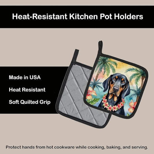 Caroline's Treasures Black and Tan Coonhound Luau Pair of Pot Holders Kitchen Heat Resistant Pot Holders Sets Oven Hot Pads for Cooking Baking BBQ, 7 1/2 x 7 1/2