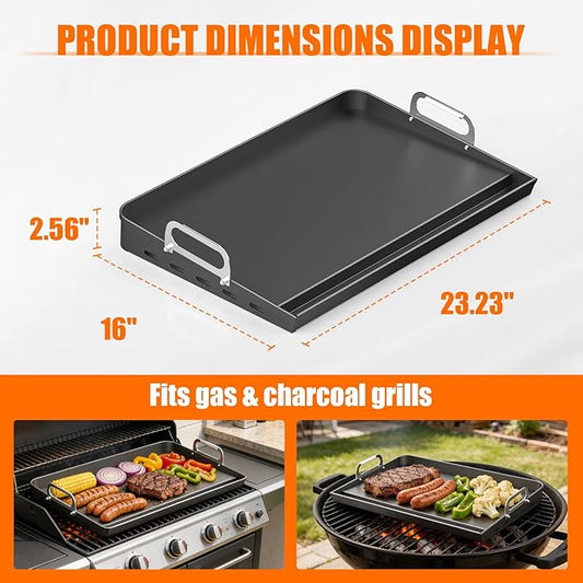 23" x 16" Portable Steel Nonstick Grill Griddle for Gas & Charcoal Grills, Flat Top BBQ Griddle Plate with Grease Groove & Removable Handle, Universal Fit for Outdoor & Home Cooking, Tailgating