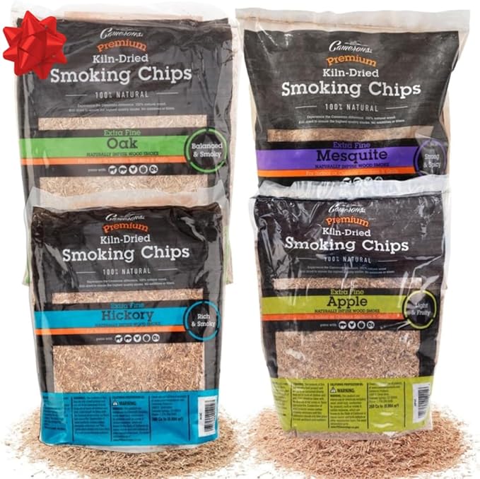 Camerons All Natural Extra Fine BBQ Wood Chips (4 Bag Value Pack Approx 2lb ea) - Apple, Hickory, Oak, Mesquite- Kiln Dried Sawdust Shavings for Smoking Guns & Smoker Boxes-Grilling Gift Set for Dad