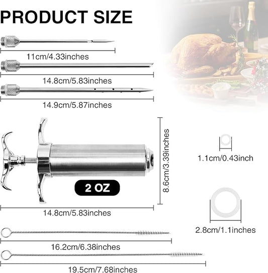 Meat Injector Syringe Kit, Flavor Injector with 3 Marinade Needles, Stainless Steel Kitchen Food Injection Syringe for Turkey Cooking