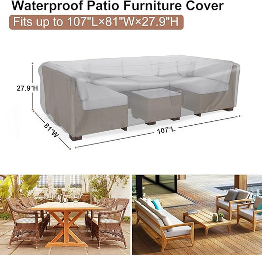 Patio Furniture Set Cover Waterproof, Mrrihand Outdoor Sectional Sofa Set Cover Heavy Duty 600D Table and Chair Set Cover 107" L×81" W×27.9" H