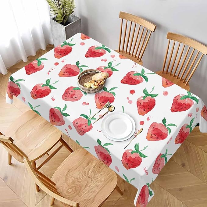 TKS MITLAN Red Strawberry Decorative Rectangle Tablecloth Summer Fruits Strawberry Leaves Polyester Table Cloths Kitchen Table Cover for Dining BBQ Picnic Coffee Table 60 x 84 Inch 6-8 Seats