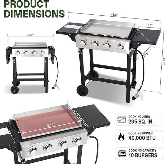 4-Burner Flat Top Grill with Folding Side Tables, Outdoor Griddle Grill with Storage Cover, 40,000 BTU Flat Grill with Stainless Steel Cooking Surface for BBQ, Camping, Tailgating