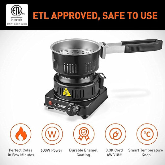 Electric Stove Coconut Charcoal Starter - ETL Approved Hot Plate Durable Faster Coal Burner 120V~600W with Detachable Handle Stainless Steel Grill & Rack Smart Heat Control Long Cable for BBQ Kitchen