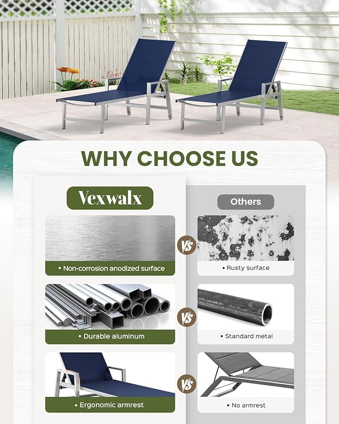 Vexwalx Patio Chaise Lounge Chair Outdoor with Wheels&Armrests, Aluminum Pool Lounge Chairs 5-Position Adjustable Recliner, Outdoor Beach Lounge Chairs for Poolside, Patio, Deck, Yard, Navy Blue