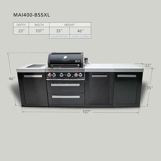 Mont Alpi Premium 107"W x 23"D x 46"H Black Stainless Steel Outdoor Kitchen Island with Infrared Side Burner + 32"W 4-Burner BBQ Grill + Granite Countertops + Storage Cabinets + Rotisserie + Cover