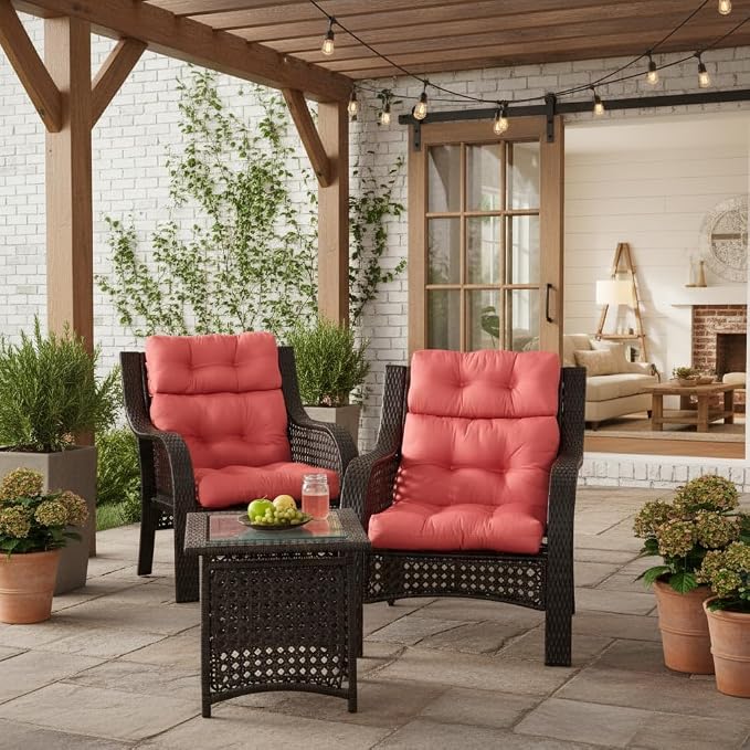 Outdoor Tufted High-Back Chair Cushions, One-Piece Hinged Seat and Back Design, Reversible with 4 Ties, Durable Polyester Fabric, Recycled Fiber Fill - Set of 2, Coral