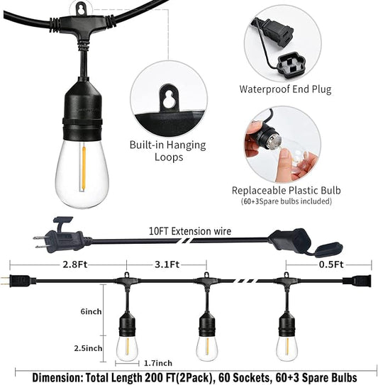 200FT String Lights for Outside LED Patio Lights Outdoor Waterproof | 63 Shatterproof Led Edison Lights,2200K Warm White Bistro Lights,Outdoor String Lights for Backyard Patio Gazebo Pergola Café
