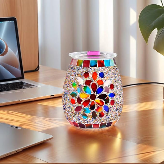 Dicimi Mosaic Glass Wax Warmer, Electric Oil Burner with Flameless Night Light, Scentsy Wax Melt Warmer for Scented Wax, Unique Candle Warmer Lamp for Home Office Bedroom Decor, Ideal Gift