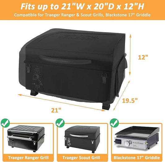 Grill Cover for Traeger Ranger & Scout Series BAC475, Waterproof Portable Griddle Cover for Blackstone 17" Griddle Series, 600D Portable Full-Length Grill Cover for Ranger Wood Pellet Grill