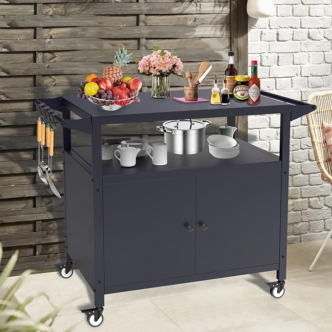 Outdoor Grill Table with Storage, Movable Grill Cart, Outdoor Kitchen Island Prep Stand Station,Blackstone Griddle Stand, BBQ Serving Cart Rolling Bar Cart with 4 Utensil Hooks 1