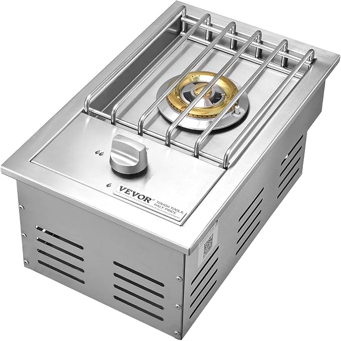VEVOR Single Grilling Side Burner, 15,000BTU Liquid Propane Side Burner for Outdoor Kitchen, Convertible to Natural Gas, 304 Stainless Steel Built-in Single Grill Burners for BBQ Grill Island