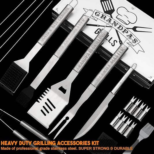 Boao 21 Pcs Fathers Day Grill Tool Set, Gifts for Grandpa from Grandkids, Heavy Duty BBQ Accessories with Aluminum Case and Apron for Outdoor Cooking, Camping, Backyard Barbecue