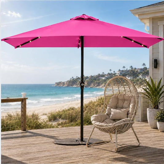 6.5 x 10ft Rectangular Patio Umbrella with Solar Lights, 16 LED Lighted Market Umbrella with Push-Button Tilt and Crank, 6 Sturdy Iron Ribs for Garden, Deck, Pool, Rose Pink