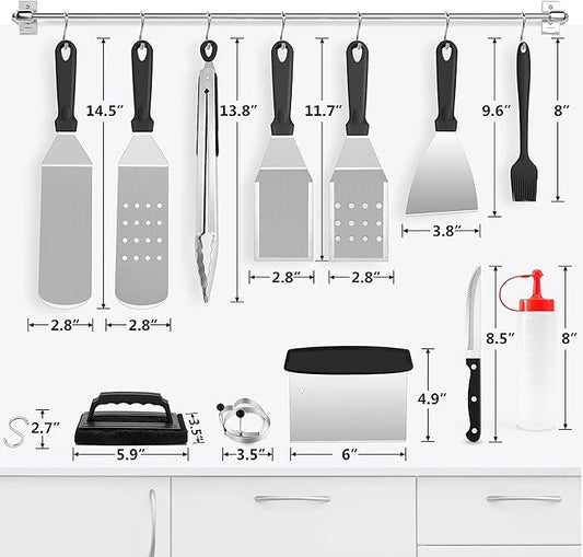 Griddle Accessories Kit of 16, HaSteeL Stainless Steel Teppanyaki Tools for Flat Top Grill Hibachi Camping BBQ, Heavy Duty Metal Spatulas, Chopper, Steak Knives, Bottles, Carrying Bag, Easy to Clean