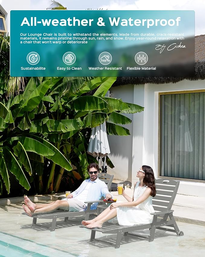 Ciokea Outdoor Lounge Chair Set of 4, All Weather Patio Chaise Lounge Chairs for Outside, HDPE Chair with Rolling Wheels & Cup Holder, 5 Position, Deck, Pool, Grey