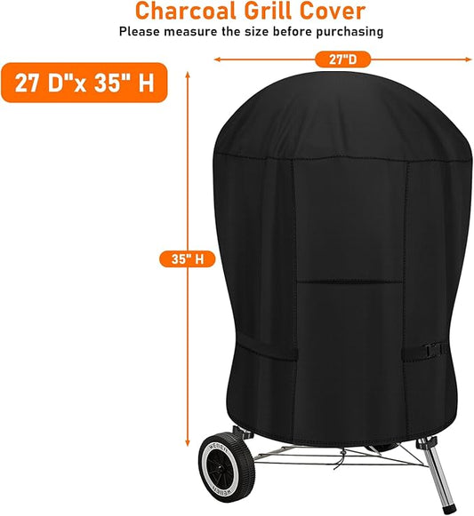Heavy Duty Grill Cover for 22" Weber Charcoal Kettle - Advanced Lightweight Waterproof BBQ Cover with Ventilation & Wind-Resistant Straps (27" Dx35 H)