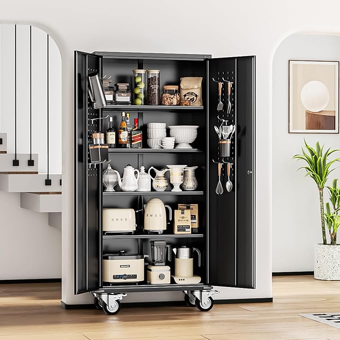 Rolling Metal Cabinet with Wheels, 72" Locking Storage Cabinet with Adjustable Shelves, Large Capacity Pulley Cabinets for Home Office, School, Warehouse(Black)
