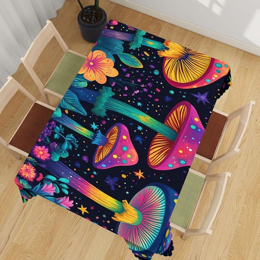 Mushrooms Decorative Rectangle Table Cloth Magic Psychedelic 60S Hippie Vintage Rectangle Table Cover Anti-Oil Tablecloth for Dining Tables, Parties, Wedding and Banquet Decoration 52" x 70"