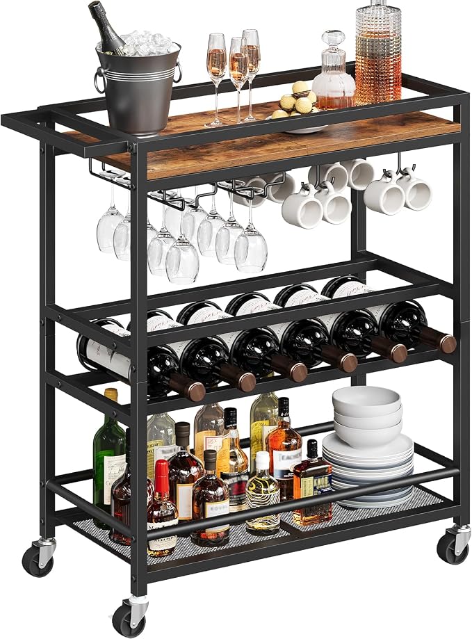 MAHANCRIS Bar Cart for Home, Kitchen Island Cart, Rolling Wine Cart with Glass Holders, 3-Tier Serving Cart with Wine Rack, Beverage Cart and Drink Cart, Rustic Brown and Black RCHR11801