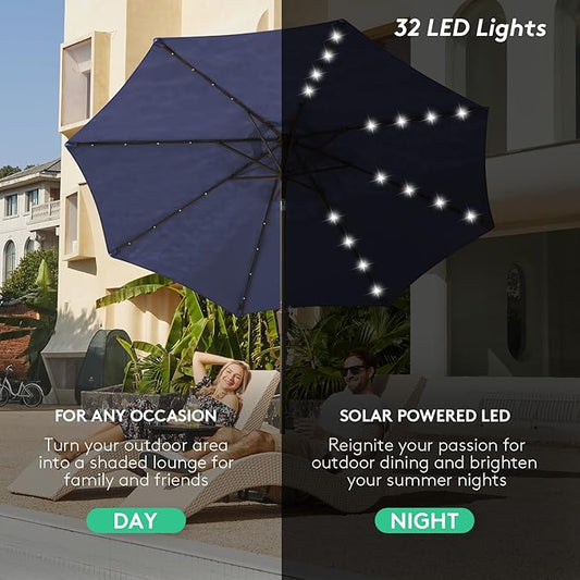 JEAREY 9FT Outdoor Patio Umbrella with Solar Lights, LED Lighted Pool Umbrella with Tilt and Crank, Outdoor Table Umbrellas for Deck, Yard & Market (9ft, Navy Blue)