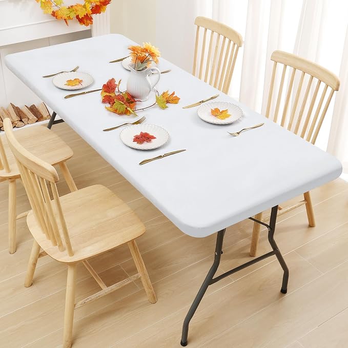Smiry 2 Pack Rectangle Tablecloth, Elastic Fitted Flannel Backed Vinyl Tablecloths for 6ft Folding Tables, Waterproof Wipeable Table Covers for Outdoor, Indoor, Camping and Picnic (White, 30"x72")
