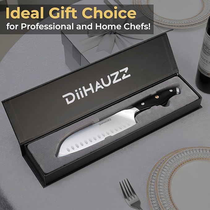 DiiHAUZZ Chef Knife, 7 Inch Ultra Sharp Japanese Santoku Knife, High Carbon Steel Forged Professional Kitchen Knife with Full Tang Triple-Riveted Ergonomic Handle for Slicing, Chopping, Dicing