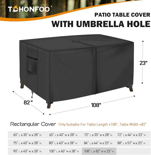 Rectangle Patio Table Cover with Umbrella Hole - 108"L x 82"W x 23"H (COVER SIZE,NOT TABLE SIZE) Heavy Duty Waterproof 600D Oxford Fabric Outdoor Lawn Patio Furniture Covers