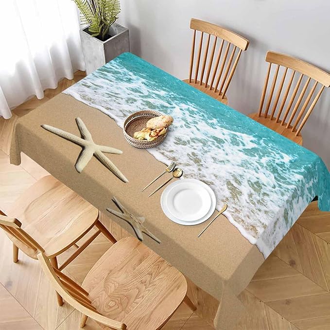 TKS MITLAN Tablecloth Summer Beach Table Cloth Rectangle Table 60 x 84 Inch Sea Wave Starfish on Sand Kitchen Decorations for Home Dinner Party