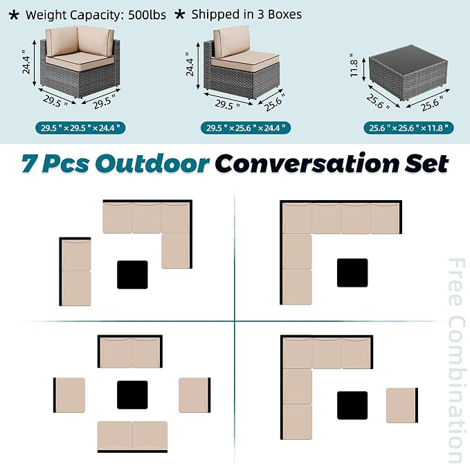 SUNLEI 7pcs Patio Conversation Sets Outdoor Furniture Sets, High Back All-Weather Rattan Sectional Sofa with Tea Table&Washable Couch Cushions(Silver Rattan)(Khaki)