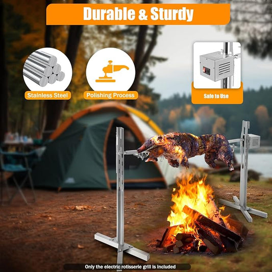 56-Inch BBQ Rotisserie Kit, Stainless Steel BBQ Rotisserie with 5 Height Adjustments, 360° Motorized Spit for Outdoor Camping, 88lbs Capacity, Portable Grill Stand