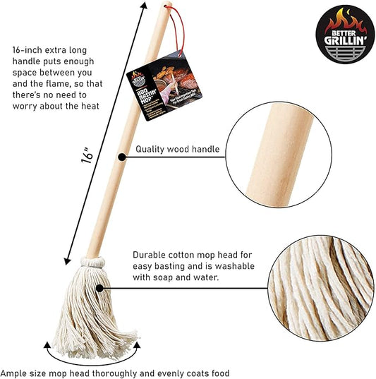 BETTER GRILLIN' BBQ Bastin Mop Basting Barbecue Brush/Mop Easily Applies Marinades, Sauces, Washes Out, 16in Handle, 1pk