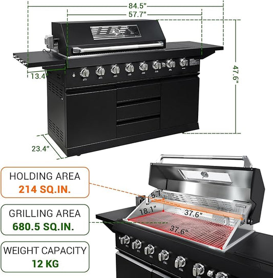 SINDA 6 Burners Gas Grill with Foldable Side Shelf, BBQ Outdoor Grill with 99000 BTUs Output, 3 Drawers for Backyard Barbecue Cooking & Barbecue Grilling,Black