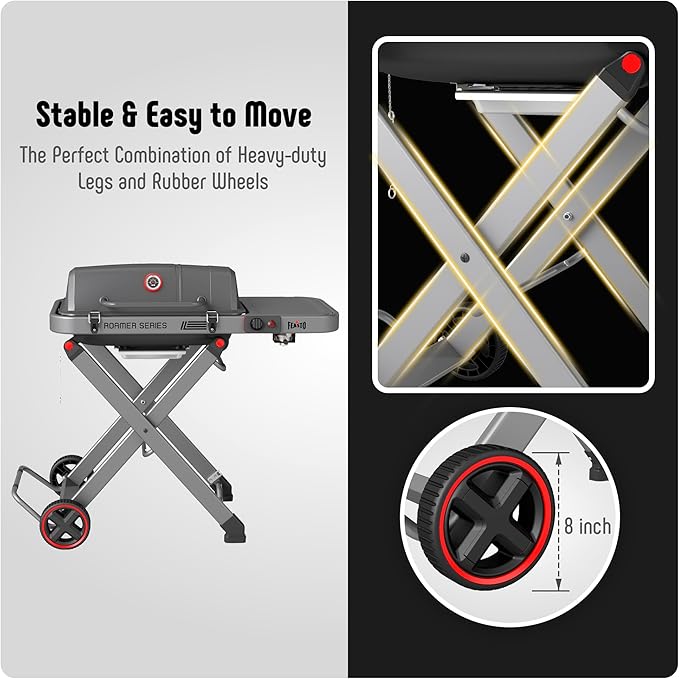 FEASTO Portable Propane Gas Grill with Folding Cart & 13000 BTUs Burner, 360 Sq. In. Cast Iron Cooking Grates, Side Table, 8" Wheels, Stainless Grease Tray for Outdoor BBQ, Camping & Tailgating, Grey