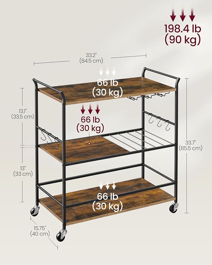 VASAGLE 3-Tier Bar Cart, Steel Serving Cart on Wheels with Wine Rack and Glass Holder, 33.3 x 15.7 x 33.7 Inches, Rustic Brown and Black, for Kitchen and Living Room, Barnet Collection ULRC210K101