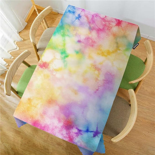 Swono Rectangle Tablecloth Tie Dye Table Cover 52x70 Inch Rainbow Splash Tie Dye Pattern Heavy Duty Table Cloth for Rectangle Tables Decorative Tablecloth for Dining Party Camping BBQ