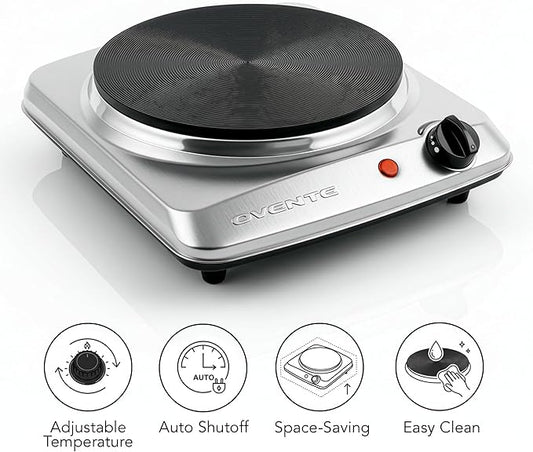 OVENTE Electric Countertop Single Burner, 1000W Cooktop with 7.25 Inch Cast Iron Hot Plate, 5 Level Temperature Control, Compact Cooking Stove and Easy to Clean Stainless Steel Base, Silver BGS101S